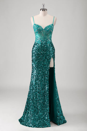 Pavone verde sirena spaghetti spalline lungo abito da cerimonia con paillettes